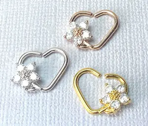 1pc Heart Bendable Ear Cartilage Daith Hoop Ring w/ Prong Set CZ Gem Flower