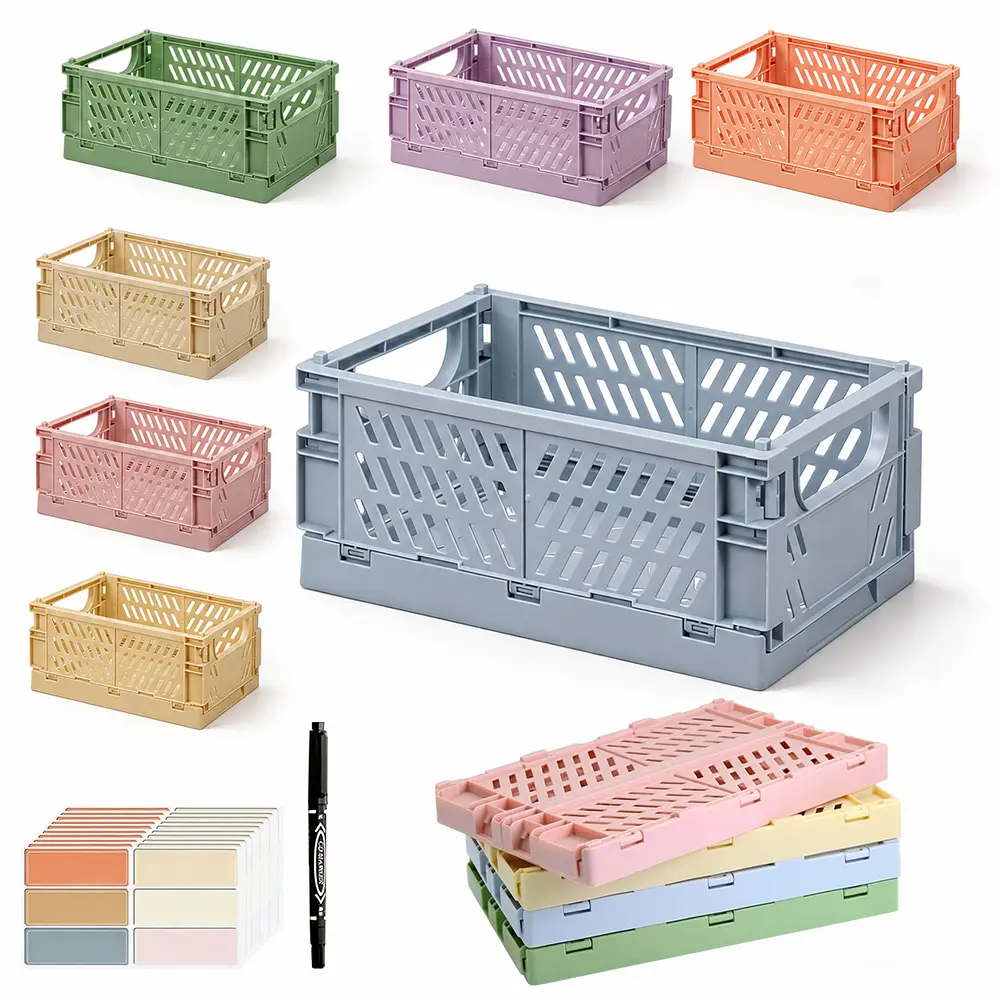 6-Pack Pastel Plastic Collapsible Desk Storage Baskets, Stackable Mini Organizer Bins with Handles, Space-Saving Home Office Dorm Storage with Label Stickers & Marker Pen