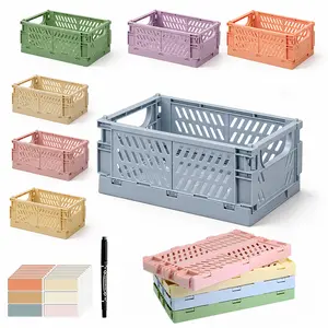 6-Pack Pastel Plastic Collapsible Desk Storage Baskets, Stackable Mini Organizer Bins with Handles, Space-Saving Home Office Dorm Storage with Label Stickers & Marker Pen
