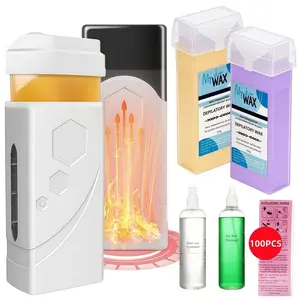 Roll On Wax Warmer Kit, Portable Wax Roller Kit for Full Body Hair Removal, Beginners Waxing Roller for All Skin Types with 2x 100g Roll Cartridge & 100x Non-Woven Strips, For Women Men & Sensitive Skin Bikini, Eyebrow, Face, Nose