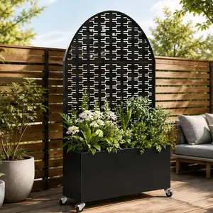ARCH Arched Decorative Privacy Screen with Planter Box 70.87in Tall Metal Freestanding Fence Planter 35.04x15.75x16.92in Planter Box for Patio Balcony Backyard Garden Black Iron Geometric Lattice Design, Black Color Options, Iron Material