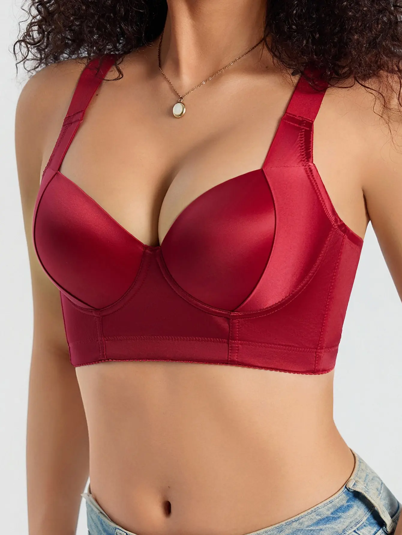 TryWish Women's Satin Deep V Push Up Bra, Wide Straps Longline Shapewear Bra, Side Support Lift Up Underwire Bra