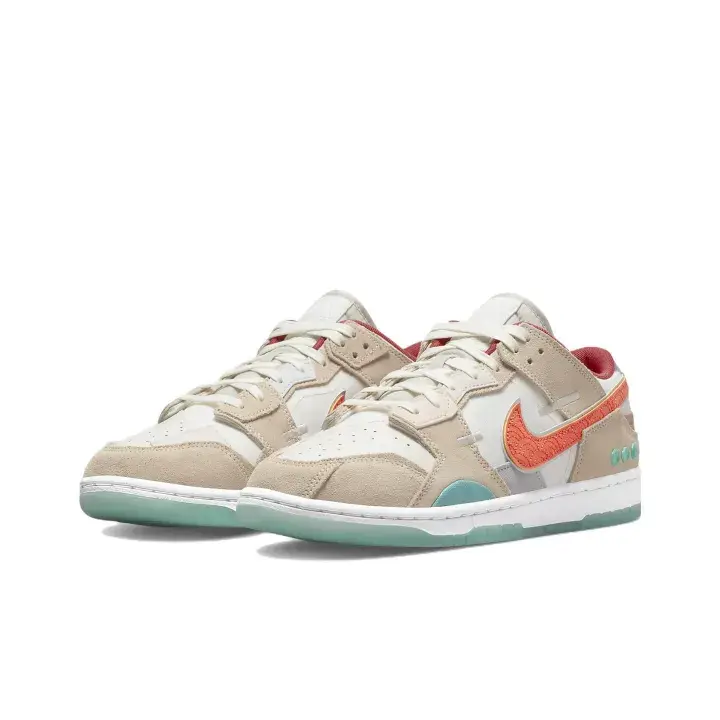 Beige & White Low-Top Sneakers with Suede & Leather Upper, Bold Orange Side Accent, Mint Green Translucent Sole, Retro Patchwork Style, Perfect for Streetwear & Casual Wear