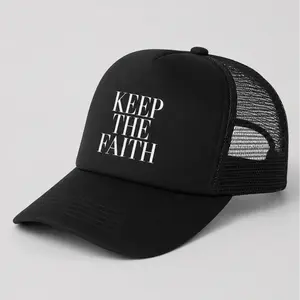 ”KEEP THE FAITH“ Trucker Hat, Unisex Adjustable Mesh Black Baseball Cap, Black Graphic Snapback Hat for Men Women