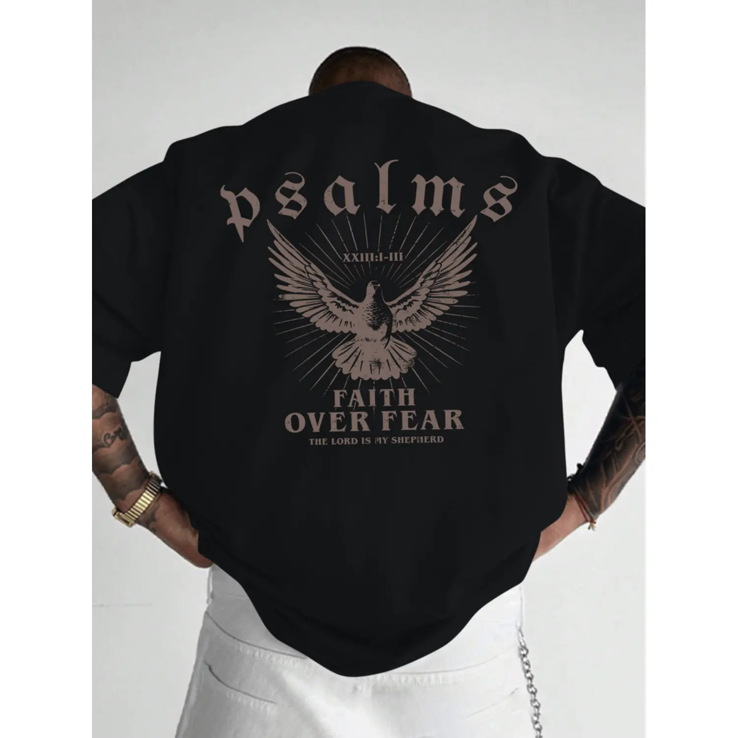 Faith Over Fear T-Shirt With Psalm 93 4 Design Loose Fit Crew Neck Short Sleeve For Men Casual Wear Sports Fan Gift Glossy Black