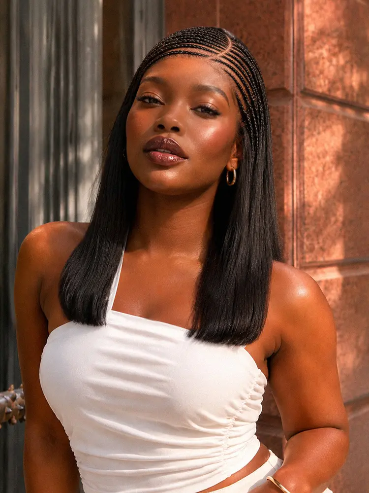 【Live】Side-Parted Fulani Braids Straight 13x4 Frontal Lace Bob Wig Pre-cut Lace