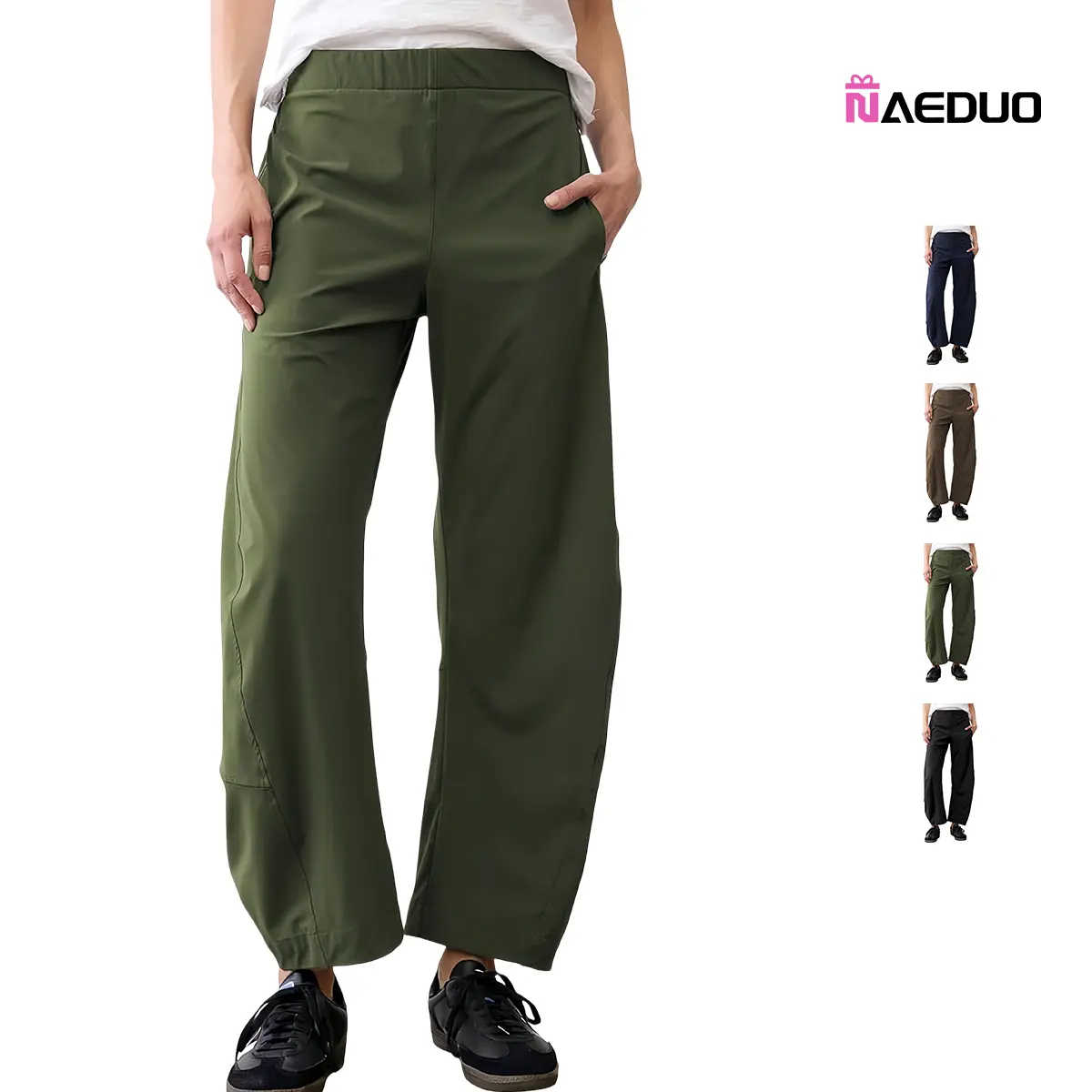Naeduo Women's Aesthetic Mid-Rise Flat Barrel Pants - Lightweight Spandex-Nylon Elastic Waist Tapered Baggy Trousers with Pockets for Everyday Casual, Work Wear, Seamless, Bottom, Basic