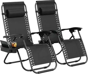 Zero Gravity Chair Set of 2, Outdoor Adjustable Reclining Patio Lounge Chair with Pillow & Cup Holder Tray, Folding Portable Camping Chair for Deck Beach Yard Garden, Blue Black Grey - SummerVibes