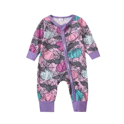 REDWOON Newborn Baby Girl Boys Halloween Outfit Infant Pumpkin Print Long Sleeve Romper Zipper Crewneck Toddler Jumpsuit