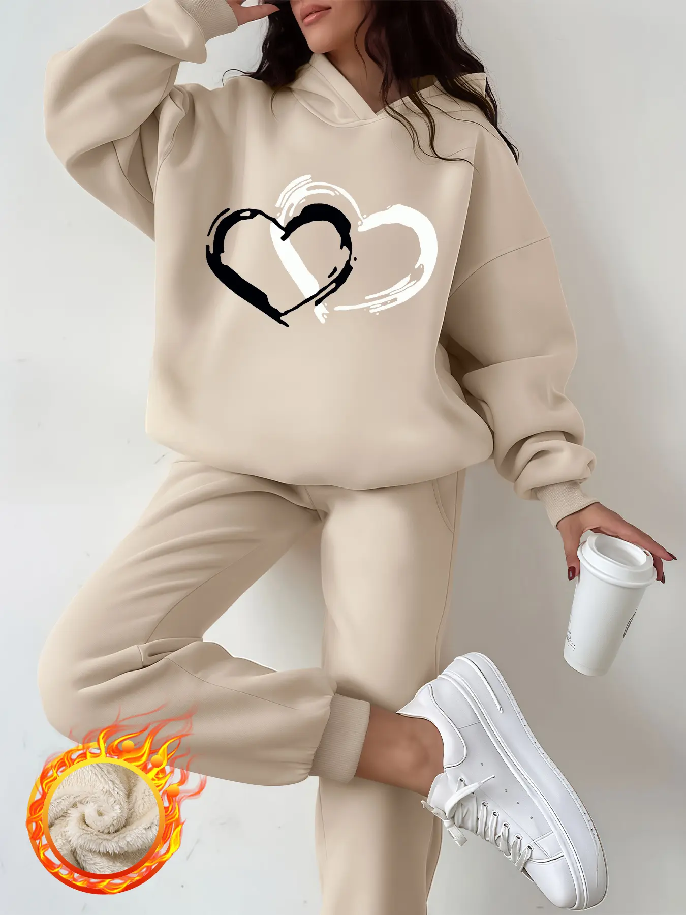 Women's Hooded Sweatshirt Set, Casual Loungewear Set, Casual Hoodie Set, Casual Loose-Fit Thick Fabric, Fall & Winter Fashion, Heart Print Design, Two-Piece