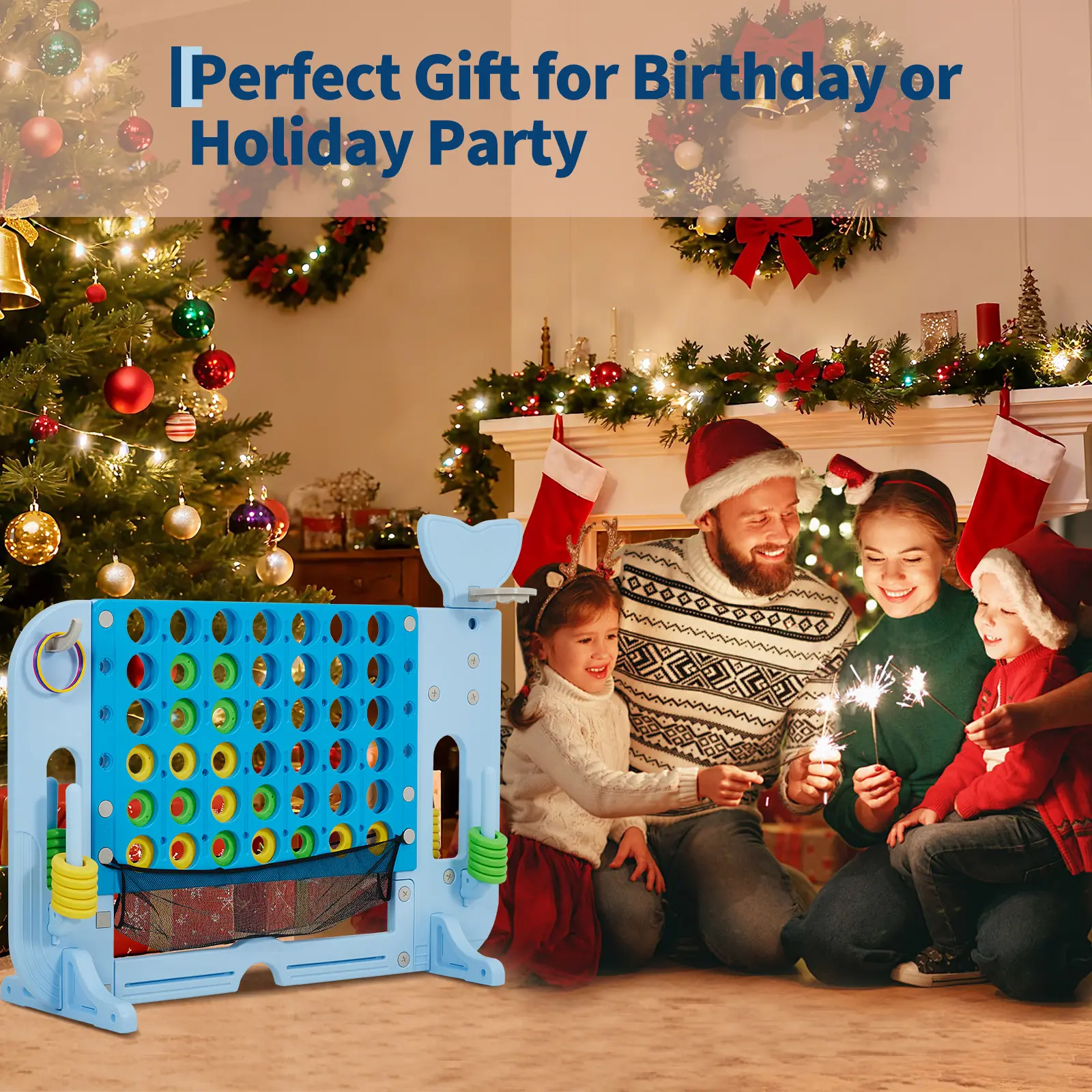 Giant 4 in a Row Connect Game with Mesh Fabric, 4-in-1 Height Adjustable Connect 4 Jumbo Yard Game with Basketball, Golf & Ring Toss for Indoor Outdoor Kids Adults Family Party