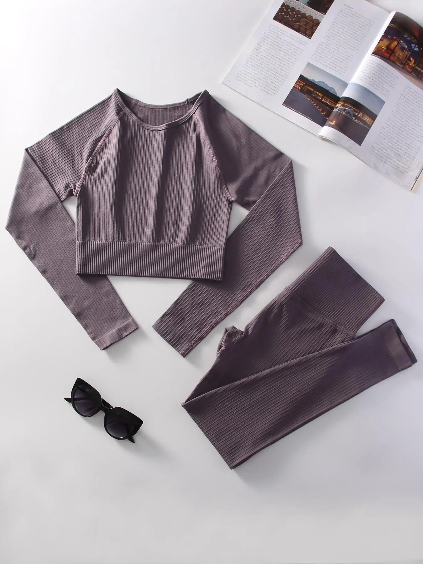 Two-Piece Set Women's Solid Crop Top & Wide Waist Band Leggings Set, Sporty Long Sleeve Top & Skinny Pants, Ladies Sportswear Set for Yoga Gym Workout