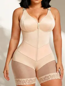 1 Count Women's Natural Lift Body Shaper, Colombian Shapewear, Front Zipper Adjustable Fit Shapewear Bodysuit, Fajas, Lace Trim Anti-Slip Leg Hem Jumpsuit, Breathable Compression Contouring Bodysuit, Smooth Shapewear, Everyday, Underwear