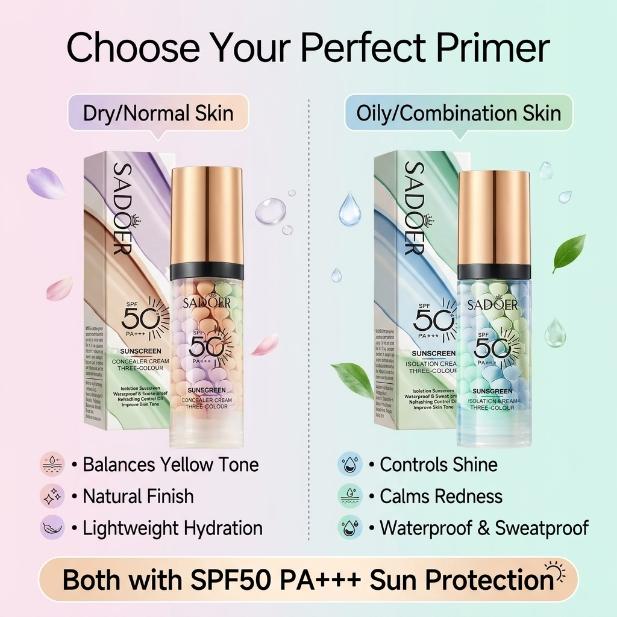 【BUY 1 GET 1 FREE】3-in-1 Color Correcting Primer with SPF50 PA+++ | Tone Correcting, Sun Protection, Hydrating Makeup Base, Compact Size