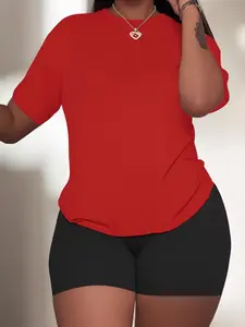 【Plus Size】 Solid Top & Shorts Two-Piece Set, Casual Round Neck Short Sleeve Top & Skinny Shorts, Women's Two-Piece for Summer