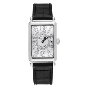 Franck Muller Long Island 952 Quartz Stainless Steel Factory Diamond Inner Ring Silver Guilloche Dial with Silver Arabic Numerals Black Leather Strap Ladies Watch WHT030935