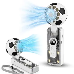 Sport Portable Turbo Football Fan with Ice Cooling, Soccer Design Mini Fan, 5 Speeds Foldable Rechargeable, LED Digital Display & 4-Mode Lights, 12Hrs Battery for Travel Working