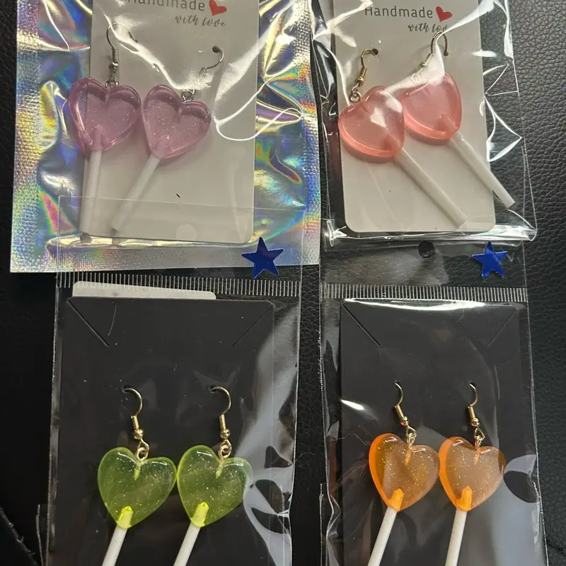 Lollipop Earrings - Heart-Shaped Beads with Metal Spins, Available in Pink, Orange & Green, Includes Clear Pliers