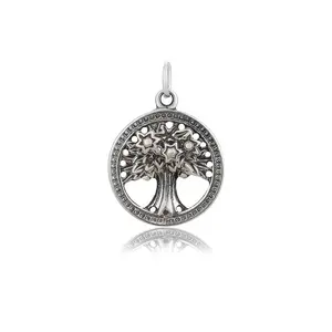 Tree of Life Charm in Sterling Silver with Circular Border Pendant