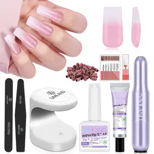 SAVILAND Gel X Nail Kit: 4x Soft Gel Nails (White Pink Ombre) 256 Full-cover Tips Gel Glue Castor oil Portable LED Lamp Nail Drill for DIY Manicures