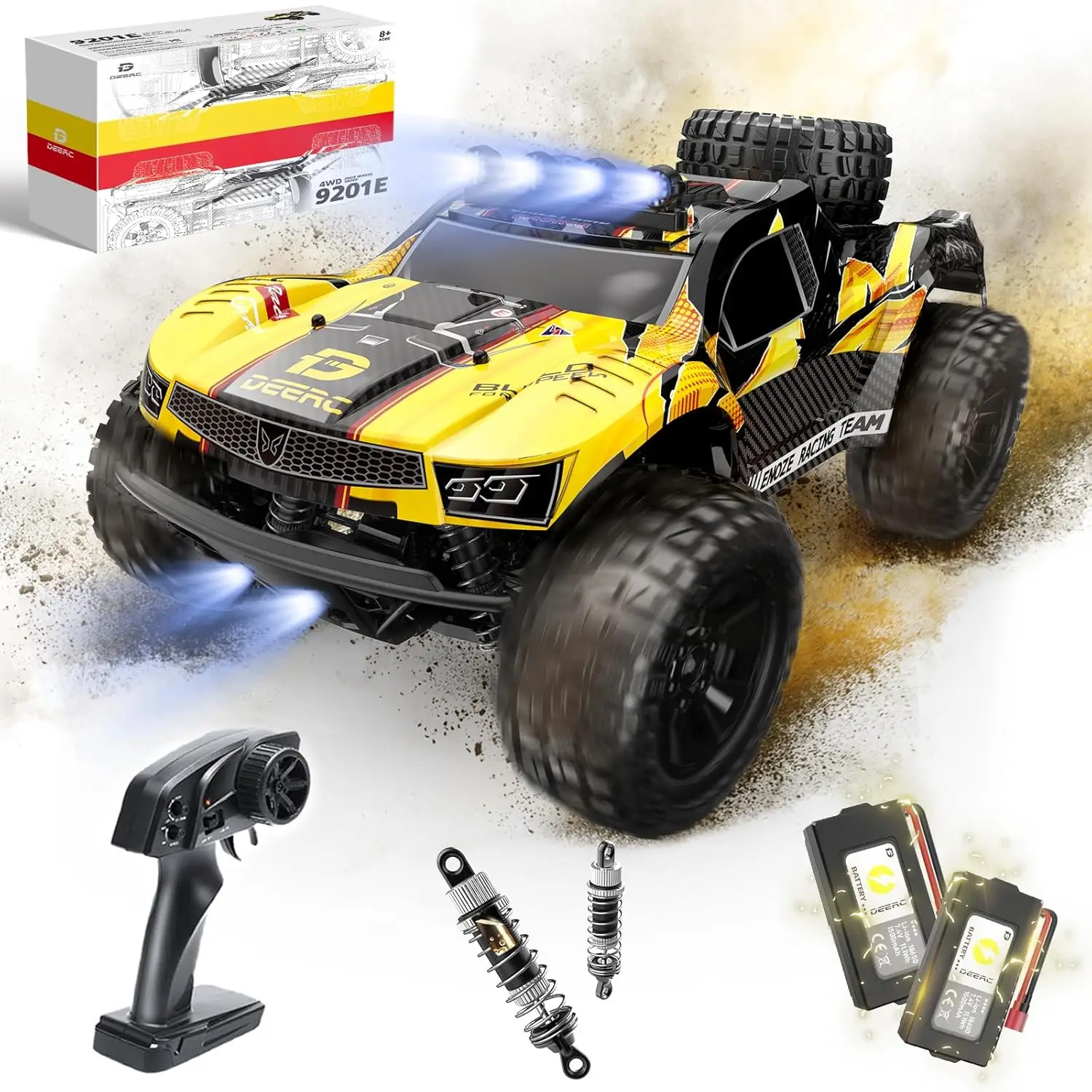 DEERC 9201E 1:10 Large Remote Control Truck with Lights, Fast Short Course RC Car, 48 km/h 4x4 Off-Road Electric Vehicle with 2 Rechargeable Batteries