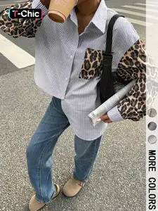 Women's Leopard Print Patchwork Striped Long Sleeve Fitted Casual Shirt Blouses, Vintage Style Aesthetic Women's Top, Ladies Fashion Clothing Woven Womenswear