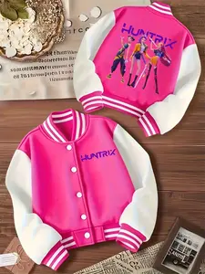Girls' Huntrix Baseball Jacket, Letter Jacket, Spring & Fall Outdoor Warm Short Coat, Back Print, Casual Loose Fit Trendy Outerwear