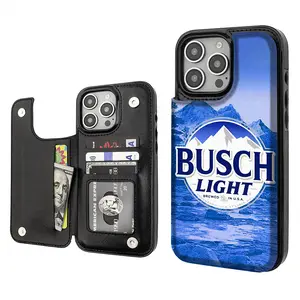 BUSCH LIGHT Beer Lover Luxury Unique Trendy Pattern Aesthetics Card Holder Wallet Aesthetic Pattern Black Casing For iphone 16 15 14 13 12 PRO PLUS MAX PU Leather Stylish Gift Shockproof Protection Anti-Drop Protective Protector Phone Cases Shell Cover