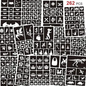 262pcs Temporary Tattoos Stencils for Kids, Face and Body Paint Stencils Kit, Girl Boy Glitter Tattoos for Kids School Show Birthdays Halloween Christmas Party Favor Supplies