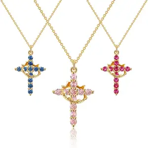 Crown Cross Necklace for Women, Dainty Cross Faith with Crown Trendy 14K Gold Plated Cubic Zirconia Pendant Necklaces, Simple Cute Necklaces Women Fashion Jewelry