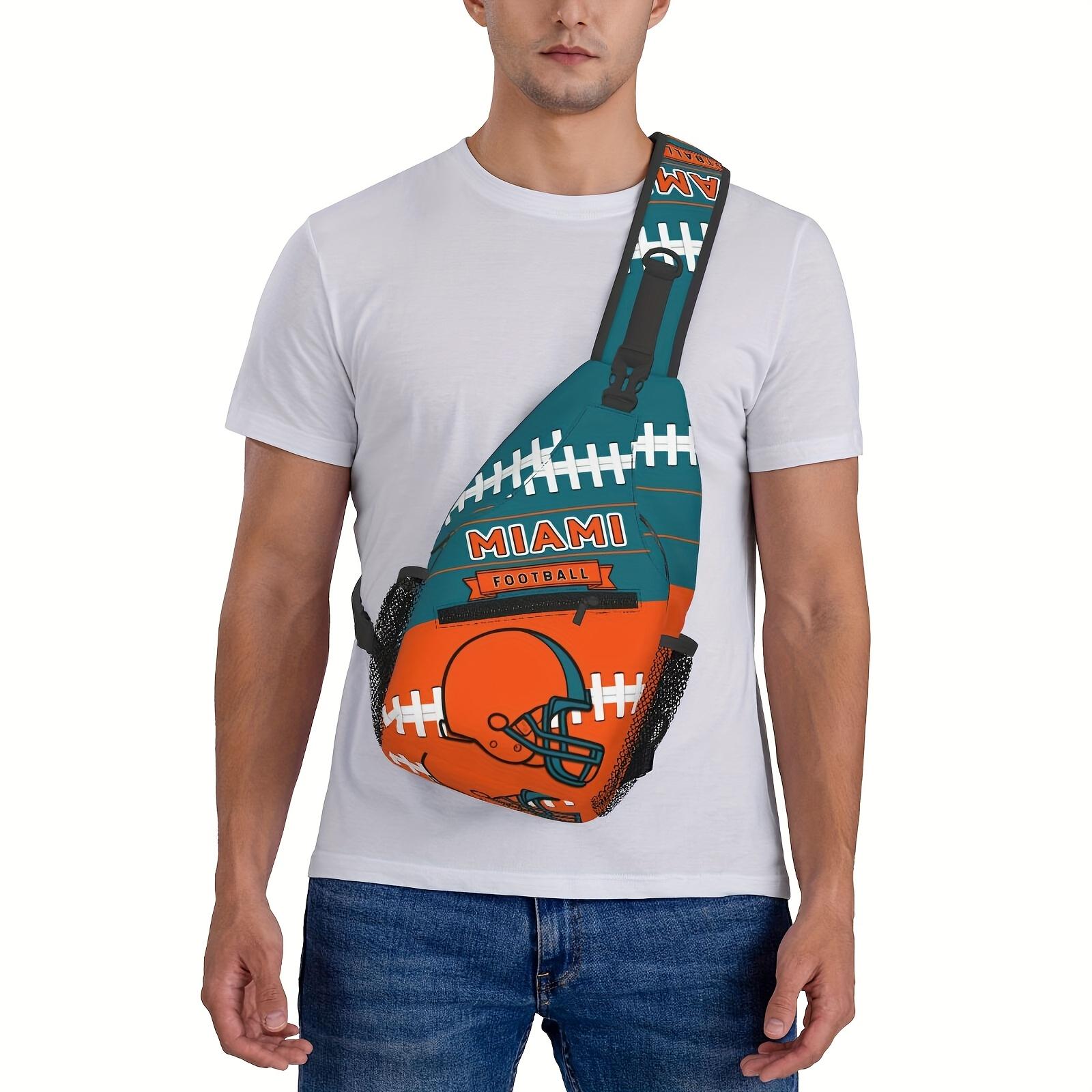 Large Crossbody Backpack  Miami Football Graphic - Turquoise & Orange Football Field Design, Heavy-Duty Machine-Washable Polyester Bag  Zipper Closure & Adjustable Strap - Spacious Chest Pack for Travel, Hiking, Sports, Gaming Fans - Unisex with