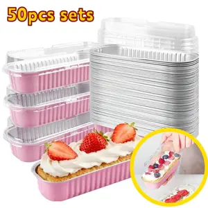 50-Pack Disposable Aluminum Foil Baking Cups, 6.8oz Rectangular with Lid, Mini Toast Molds, Home Party Portable Dessert Baking Trays
