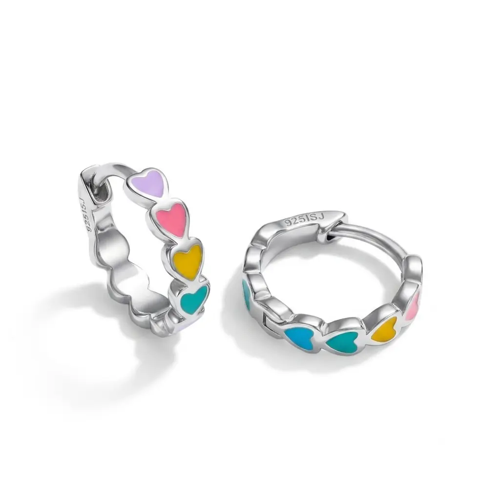 Heart Cascade 9mm Toddler / Kids Earrings Hoop/Huggie Enamel Safety Latch - Sterling Silver