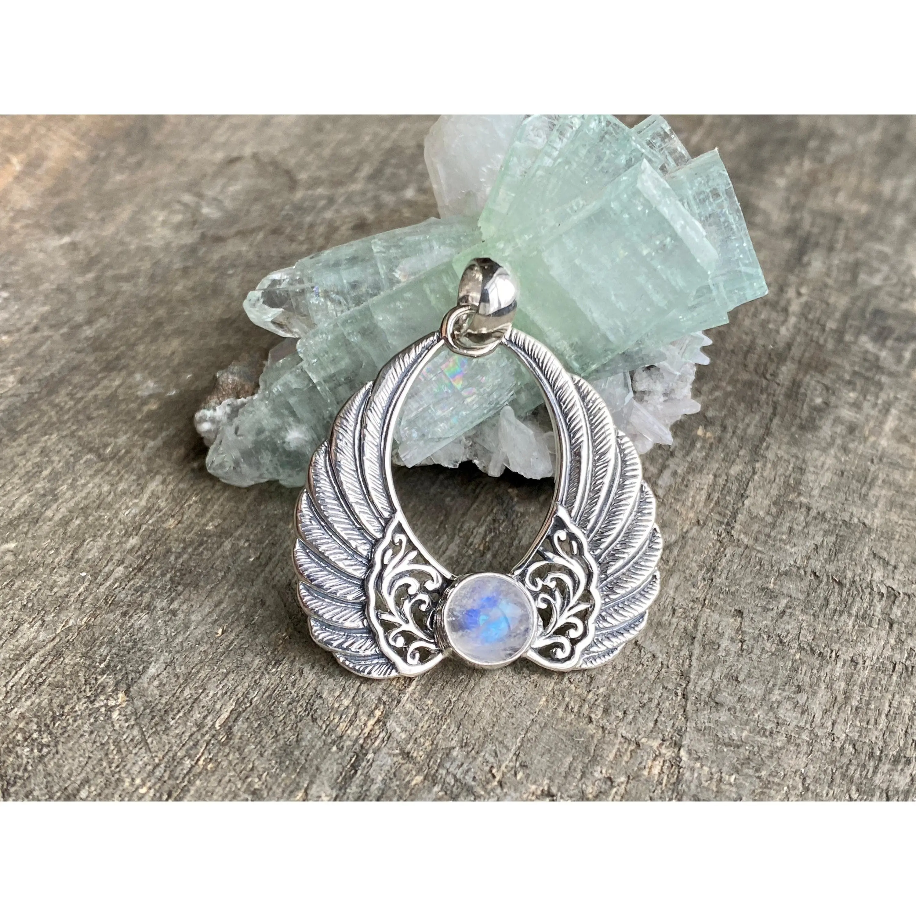 Moonstone 925 Silver Handmade Angel Wings Pendant - Crystal Healing Meditation