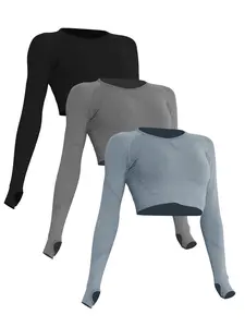 Women's Seamless Long Sleeve Crop Top with Finger Holes, Running Fitness Yoga Shirt, Cropped Yoga Top, Round Neck T-Shirt, Pilates Clothing Set