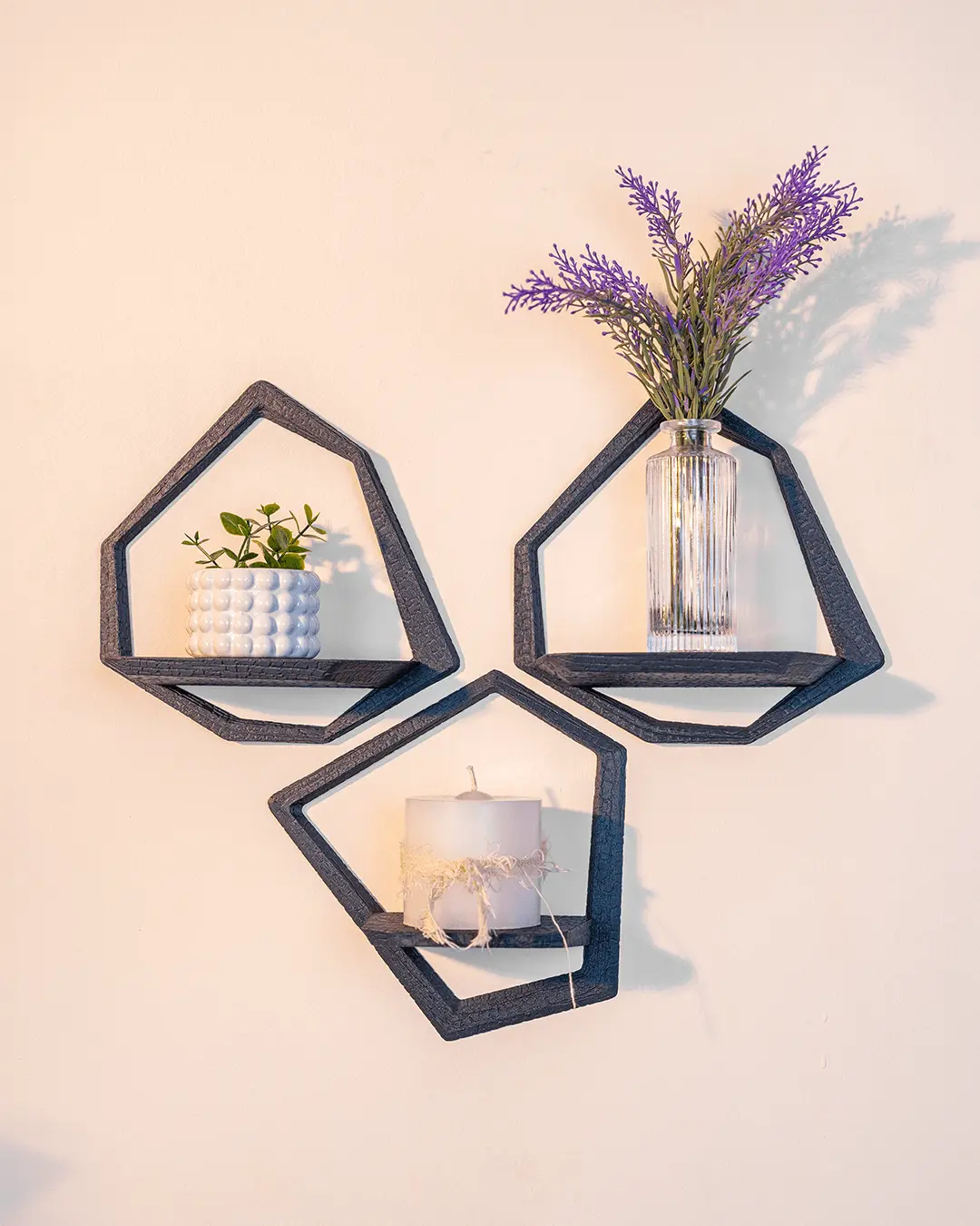 Geometric Wall Shelf Set of Three, Hexagonal Floating Shelves for Living Room Bedroom and Entryway, Modern Wall Mounted Display Shelving for Plants, Candles and Small Decor