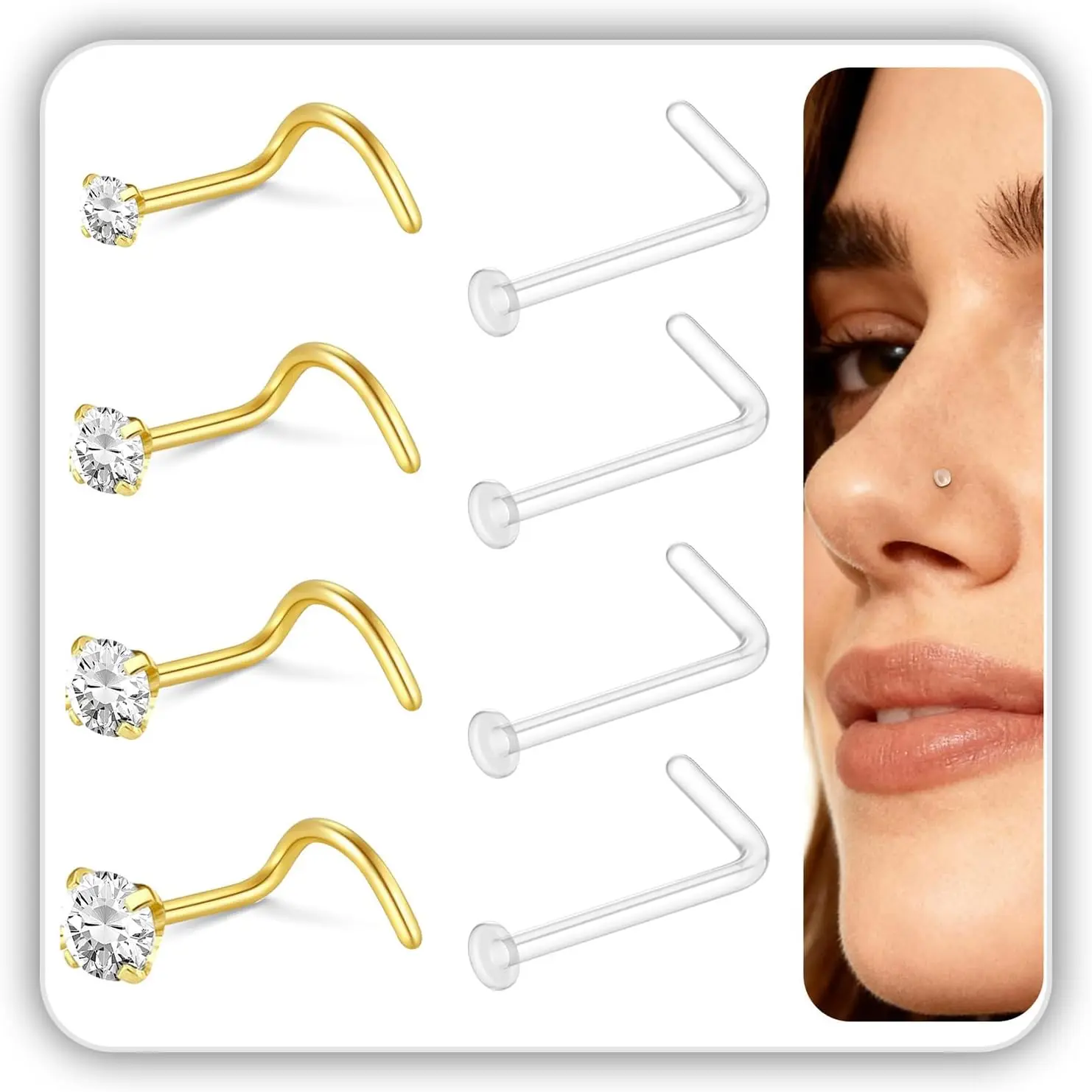 8 count 20G Nose Ring Studs for Women, / 316L Surgical Stainless Steel Corkscrew Nose Studs L Shape Clear Nose  Retainers Small Nose Ring CZ 1.5/2.0/2.5/3.0mm