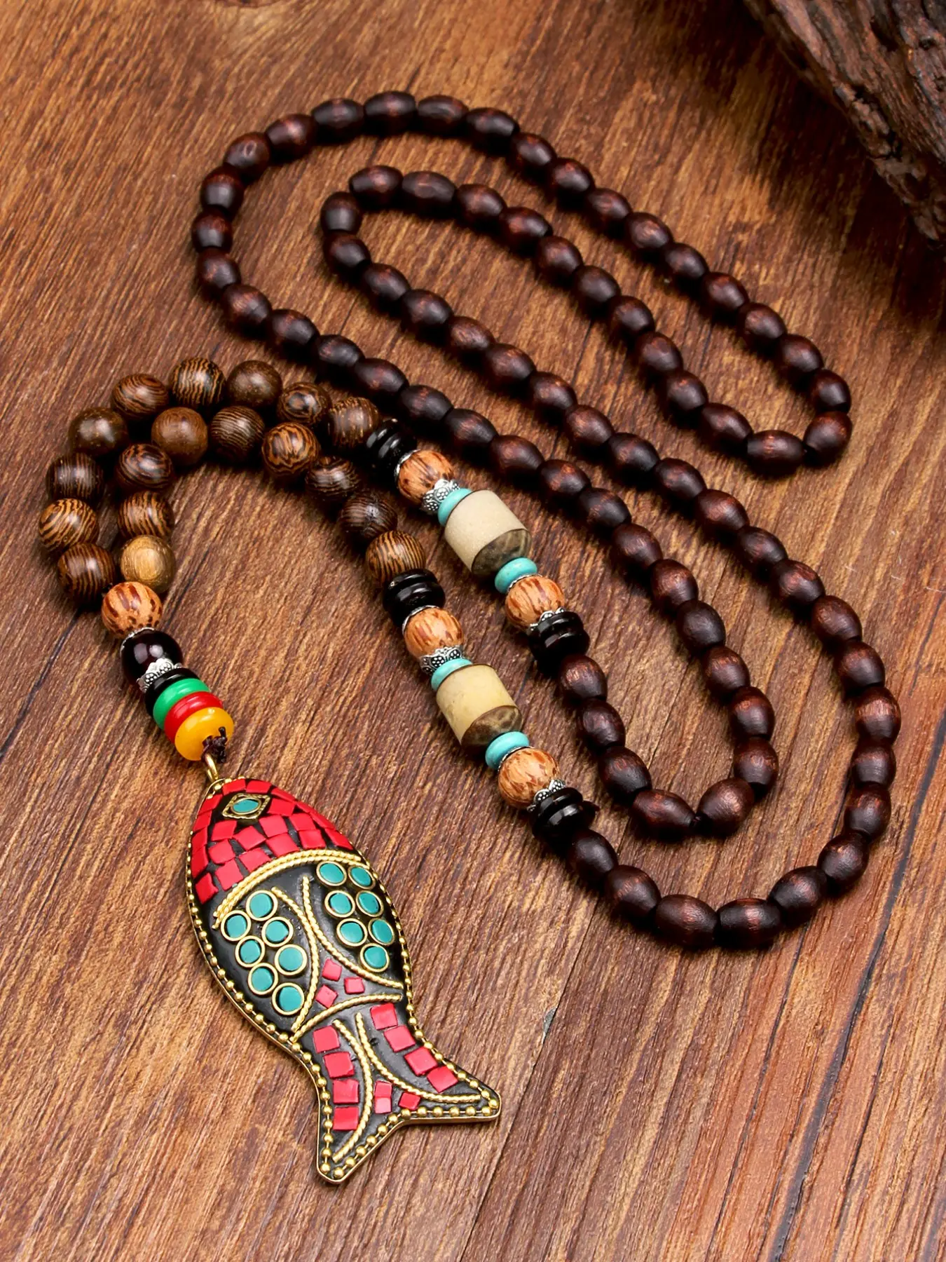 Vintage Ethnic Charm Elephant & Fish Pendant Long Necklace, Boho Style Necklace, Nepalese Influence Style Sweater Chain, Beaded Chains, Wooden Beads Jewelry, Holiday Gift, Exquisite Jewelry Gift
