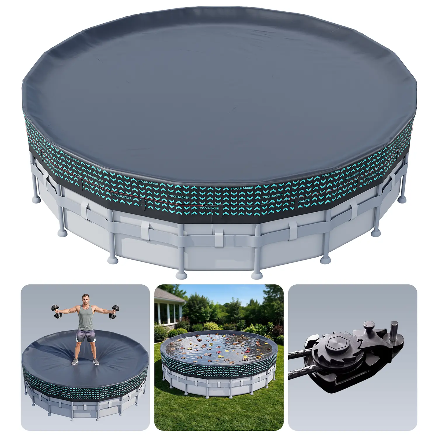 Above Ground Pool Cover 12FT/15FT/18FT/21FT/24FT/28FT/30FT Round - Windproof Swimming Pool Cover with Steel Cable & Pulley Tightening System,Fits Metal Frame Pools, UV Resistant