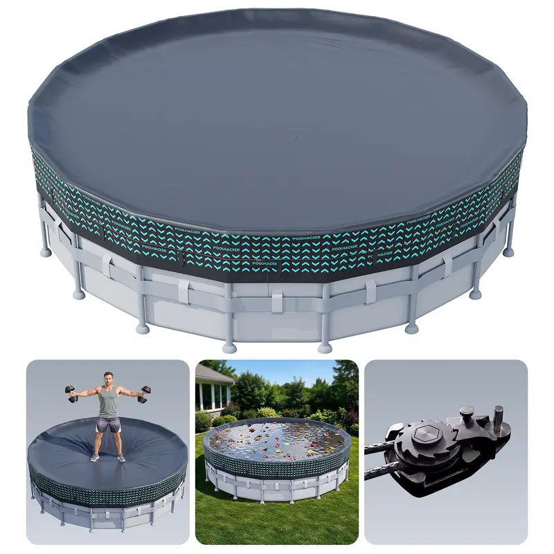 Above Ground Pool Cover 12FT/15FT/18FT/21FT/24FT/28FT/30FT Round -  Windproof Swimming Pool Cover with Steel Cable & Pulley Tightening System,Fits Metal Frame Pools, UV Resistant