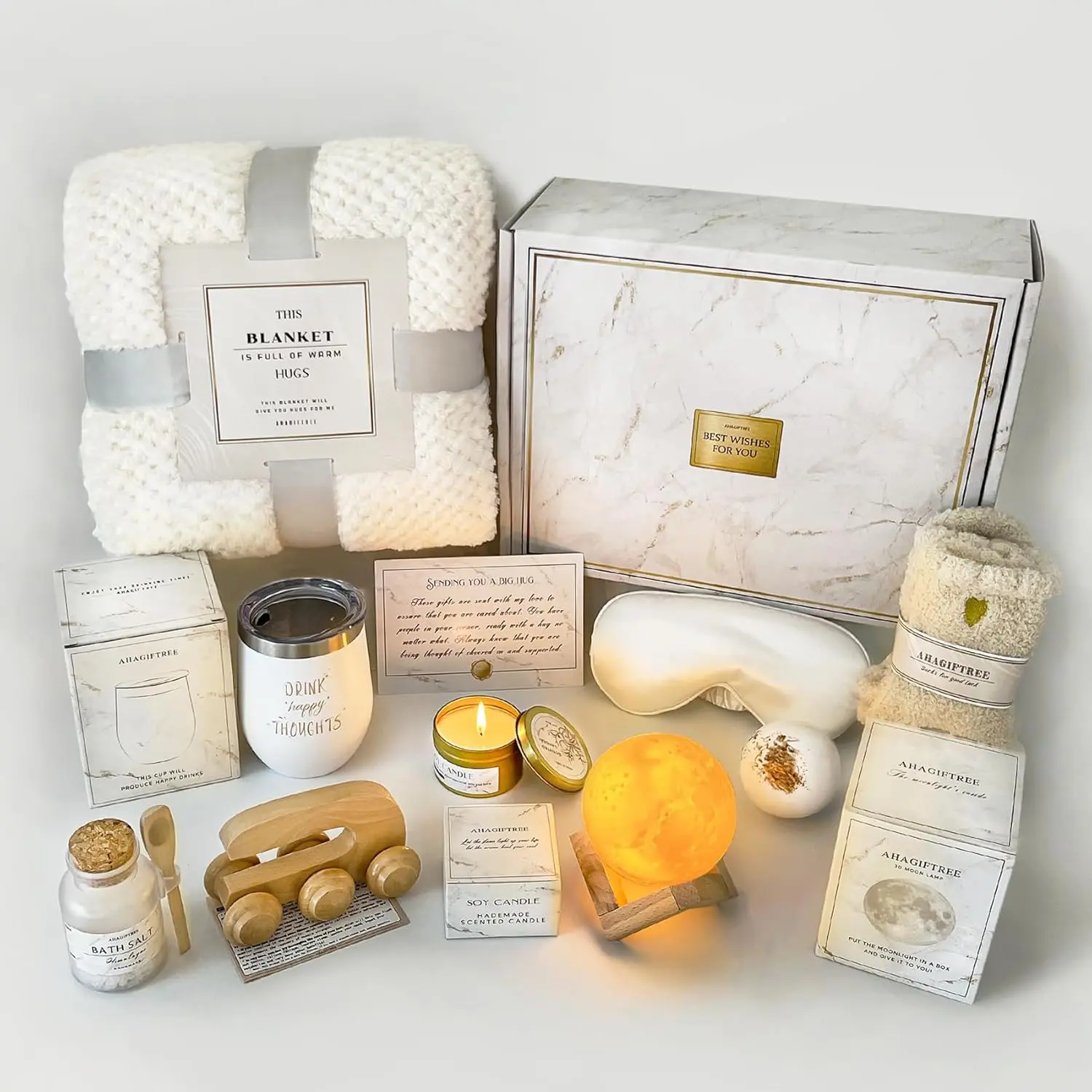 Women's Fluffy Flannel Eye Set Recovery Gift Basket - 11PC Spa Grief Care Package with Moon Lamp, Soybean Wax Item, Ideal for Mother's Day, Get Well Soon After Surgery Home Decor Gifts, Spa Gifts Basket