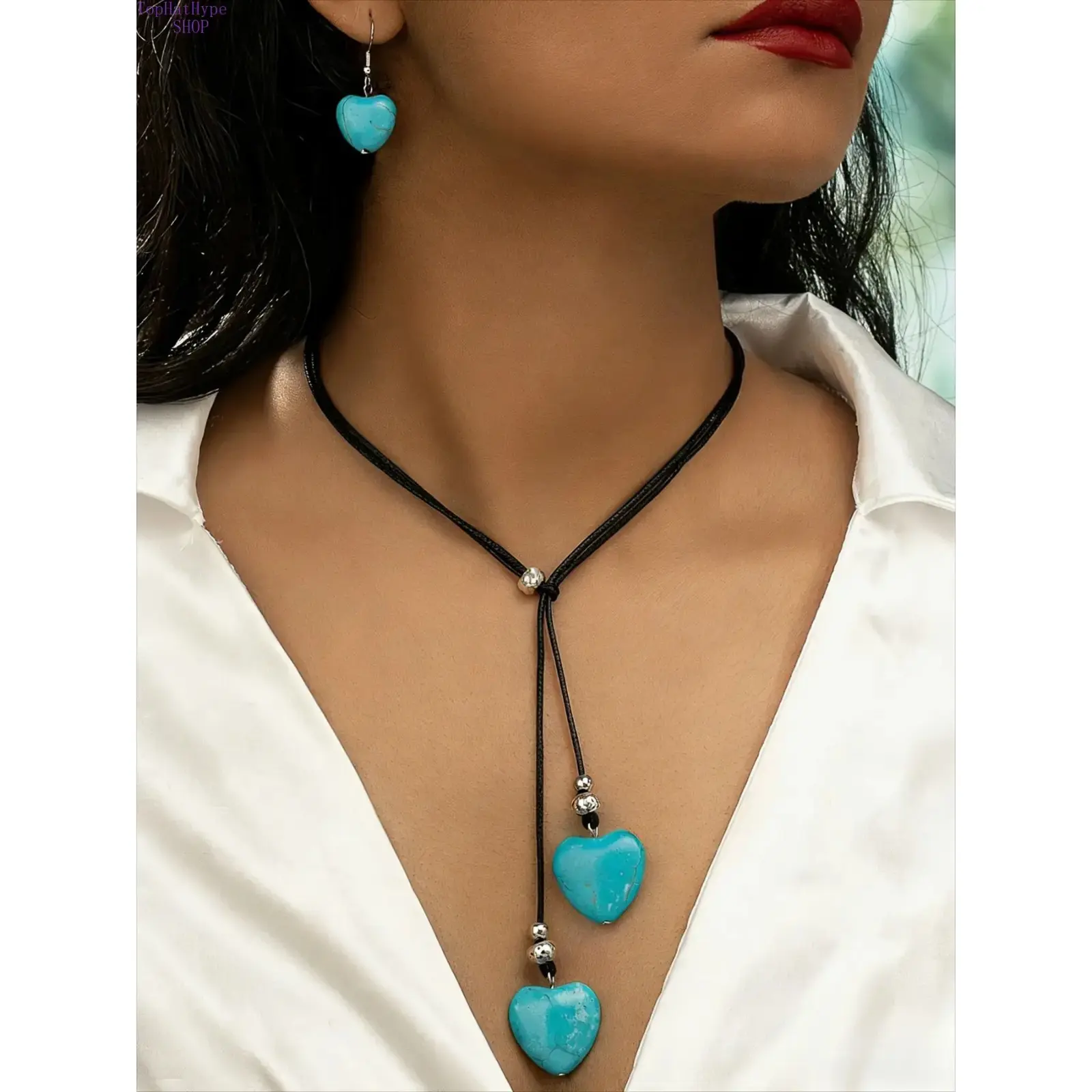 3-Piece Boho Jewelry Set with a Turquoise Heart Pendant Necklace and Ethnic-Inspired Oval Gemstone Earrings for Women, for Party & Daily Wear, Fashion, Jewelry For Women, Retro Ethnic, Boho Aesthetic Necklaces, Ethnic Pattern Necklaces