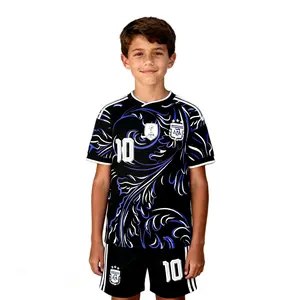 2026 Argentina National Team Away 10# Messi Short Sleeve Set Soccer Jersey Kid's Version Black And Blue