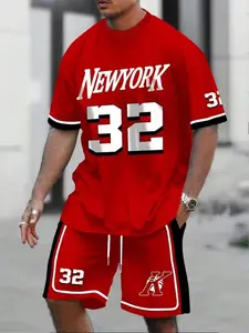 Men's 3D Printed T-Shirt and Drawstring Shorts Set, New York 32 Print for Casual and Outdoor Activities, Fitted Summer