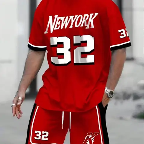 Men's 3D Printed Graphic Round Neck T-Shirt and Drawstring Shorts Set, New York 32 Print for Casual, Sports and Outdoor Activities, Fitted Summer, Menswear