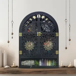 FNYDOX Multifunctional Large Wooden Arch Wall Shelf - Crescent Moon Phase Wall Decor, Tree of Life Crystal Holder Organizer, Gemstone Rock Storage Cabinet, Spiritual Home Room Display