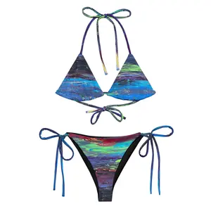 “Strikes and Strokes” All-over print recycled string bikini