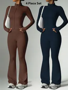 4-Piece Women's Loungewear Set Long Sleeve Zip Up Jacket Flared Wide Leg Pants High Stretch Hip Lifting Slim Fit Soft Comfortable Pajama Set Fashion Casual For Home Daily Shopping Vacation Party Solid Color High End Yoga Outfit