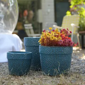 ARCH Handmade Ceramic Planter Set of 3, 15/12/9 Inch Diameter, Blue Textured Pattern, for Succulents & Indoor Plants, Windowsill & Bookshelf Use, Breathable Clay