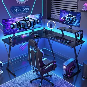 L-Shaped 51-Inch Gaming Table – Corner Computer Desk with LED Light Strip, Large Display Shelf, Carbon Fiber Surface, Perfect for Valentine’s Day Gift